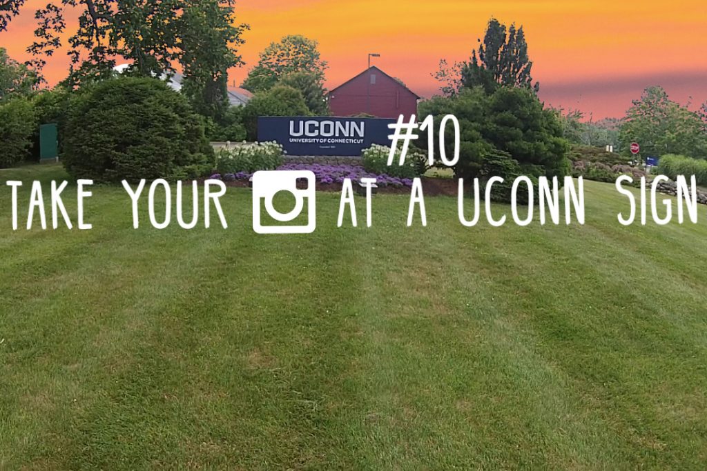 The #UConnbucketlist item for May: Take Your Photo at a UConn Sign. (Elizabeth Caron/UConn Photo)