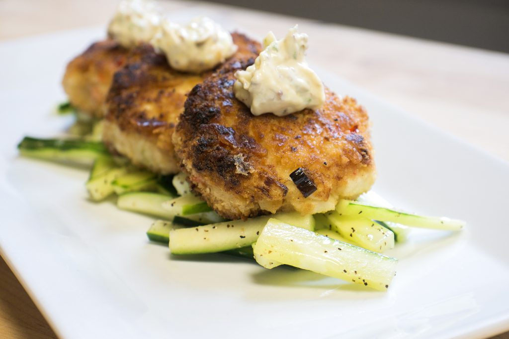 'Not So Crabby Vegan Crab Cakes with Remoulade Dressing.' (Gail Merrill/UConn Photo)