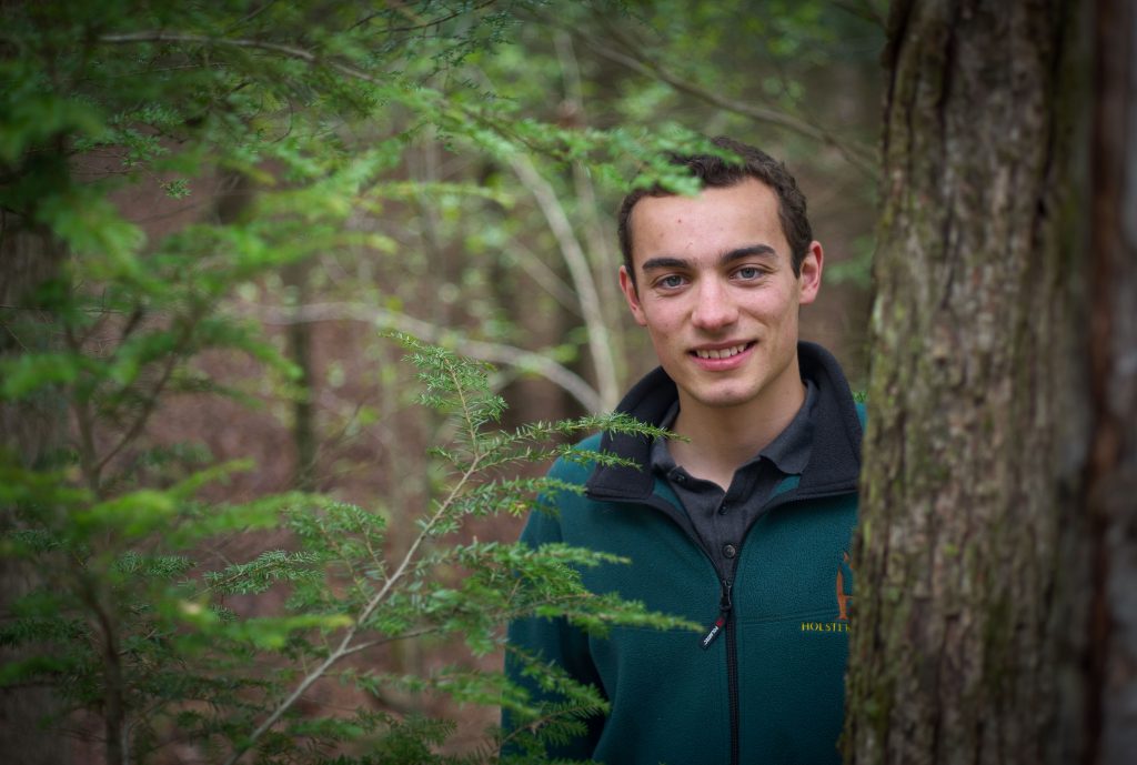 Nicholas Russo '18 (CLAS) checks hemlock trees in the Moss Tract of the UConn Forest in Willington for woolly adelgid sacs on May 6, 2016. (Peter Morenus/UConn Photo)