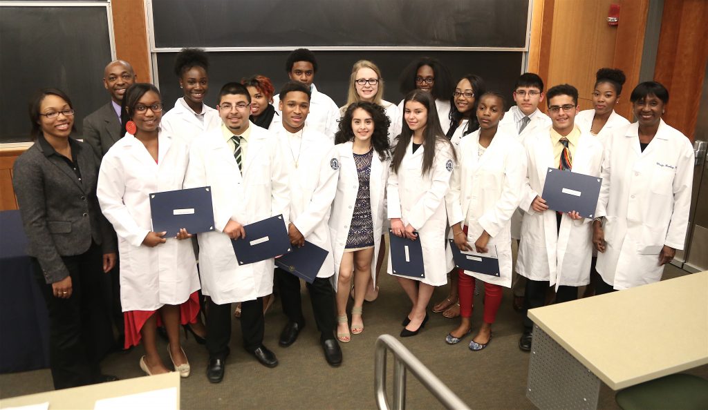 Aetna HPPI Senior Doctors Academy Class of 2016 pose during the Health Career Opportunity Programs Closing Ceremony at UConn Health May 18, 2016. (Photo by John Atashian)