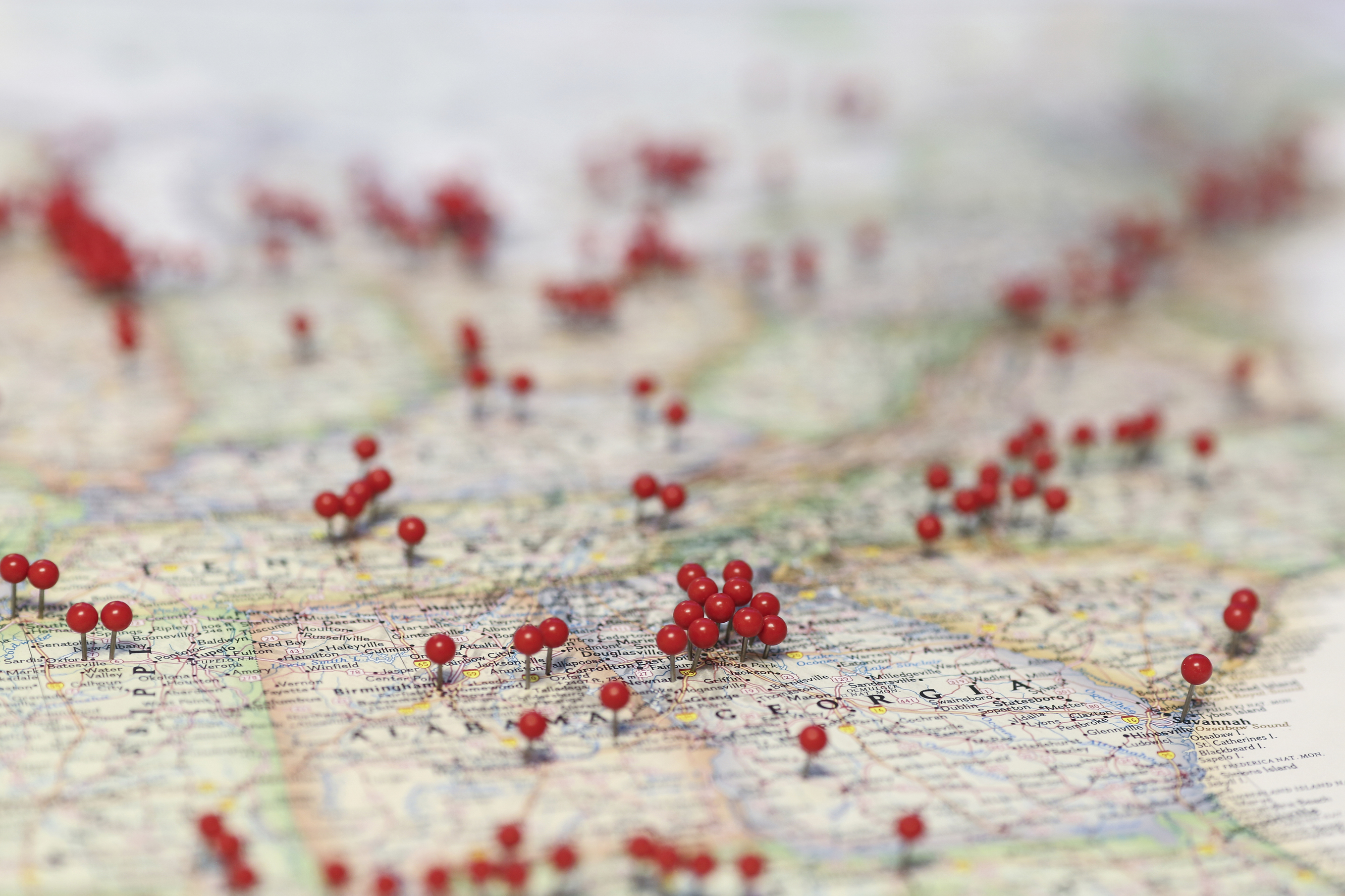 A map with pins in it, showing unspecified locations. (iStock Photo)