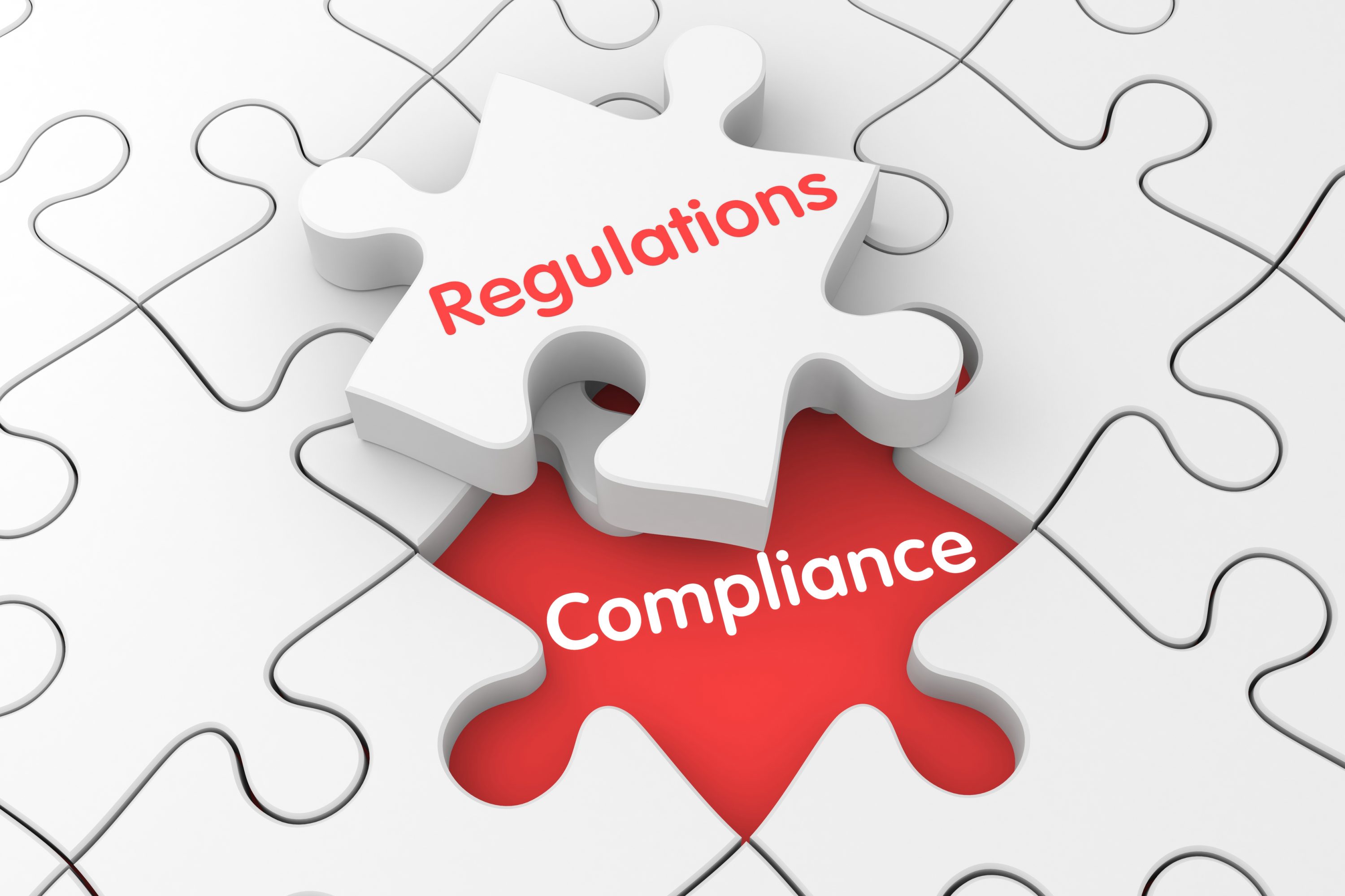 A jigsaw puzzle, with one piece ('regulations') that is detached from the others, and the remaining space is labeled 'compliance.' (iStock Photo)