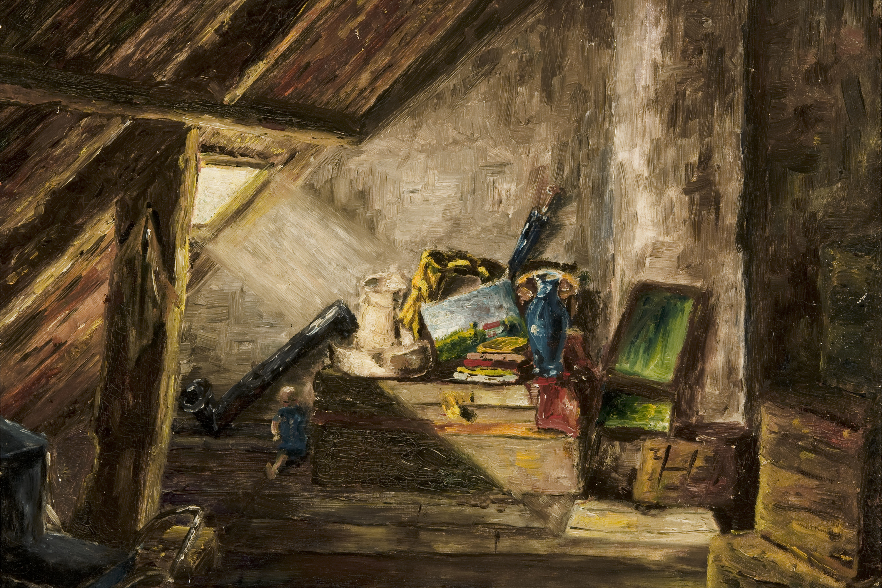 Painting of an attic view drawn by a Jewish teenager while in hiding during the Holocaust. (U.S. Holocaust Memorial Museum, courtesy of Eva Schloss)