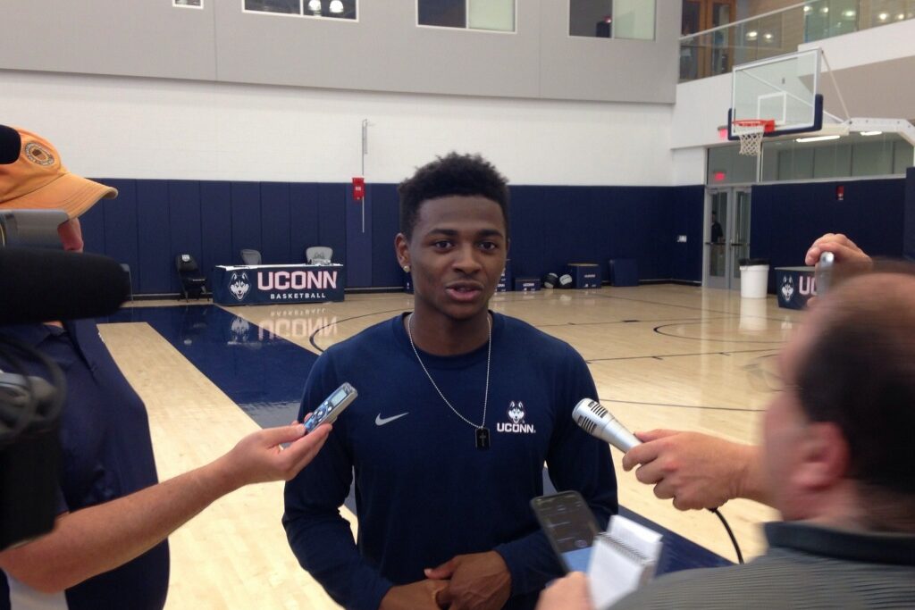 Freshman Alterique Gilbert of the men's basketball team speaks with the media. (Athletic Communications Photo)