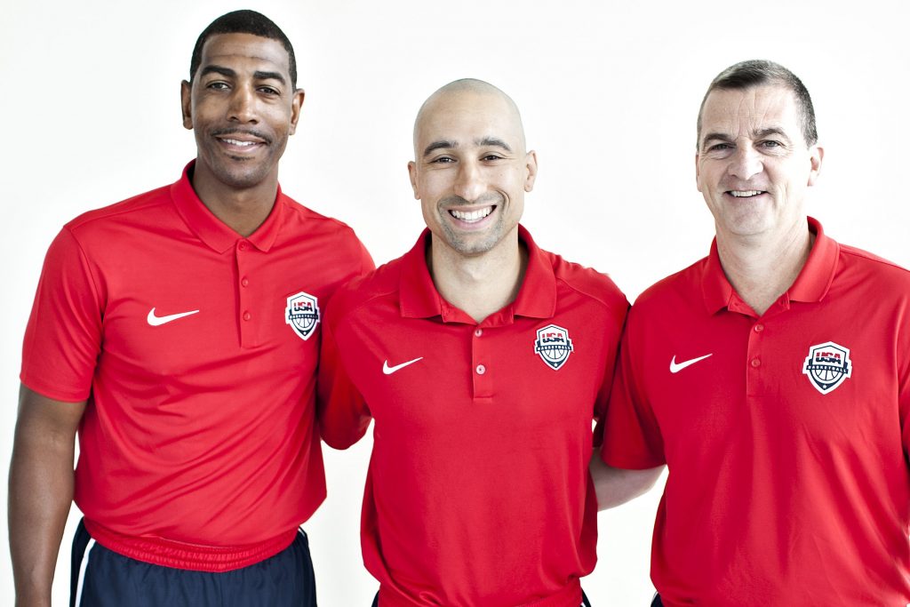 UConn's Kevin Ollie, left, served as assistant coach for the USA Basketball under-18 team in Valdivia, Chile, July 19-23, together with head coach Shaka Smart of the University of Texas, center, and assistant coach Mark Turgeon of the University of Maryland. (USA Basketball Photo)