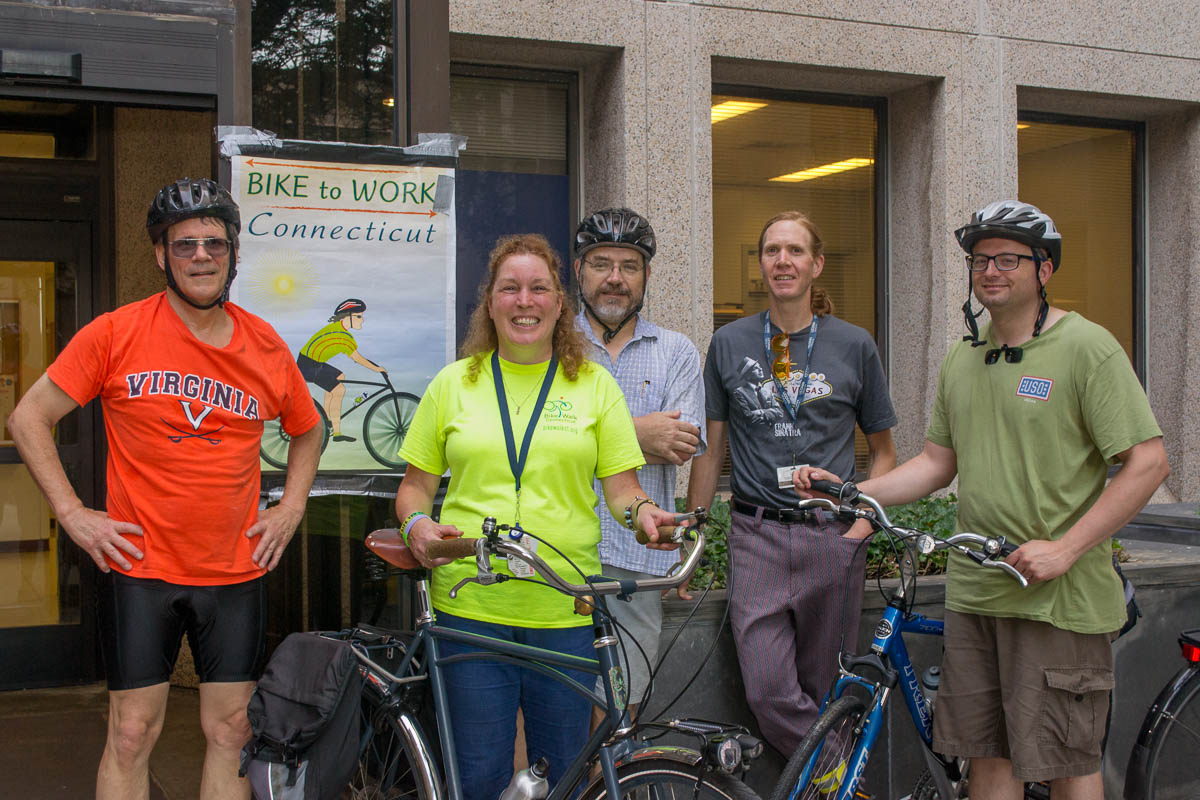 From left: Dr. Frank Nichols, Joyce Fritz, Dr. Philip P. Smith, Josh Mills, and Chris DeFrancesco at the July bike to work event outside the public safety entrance. (Photo by Tina Encarnacion)