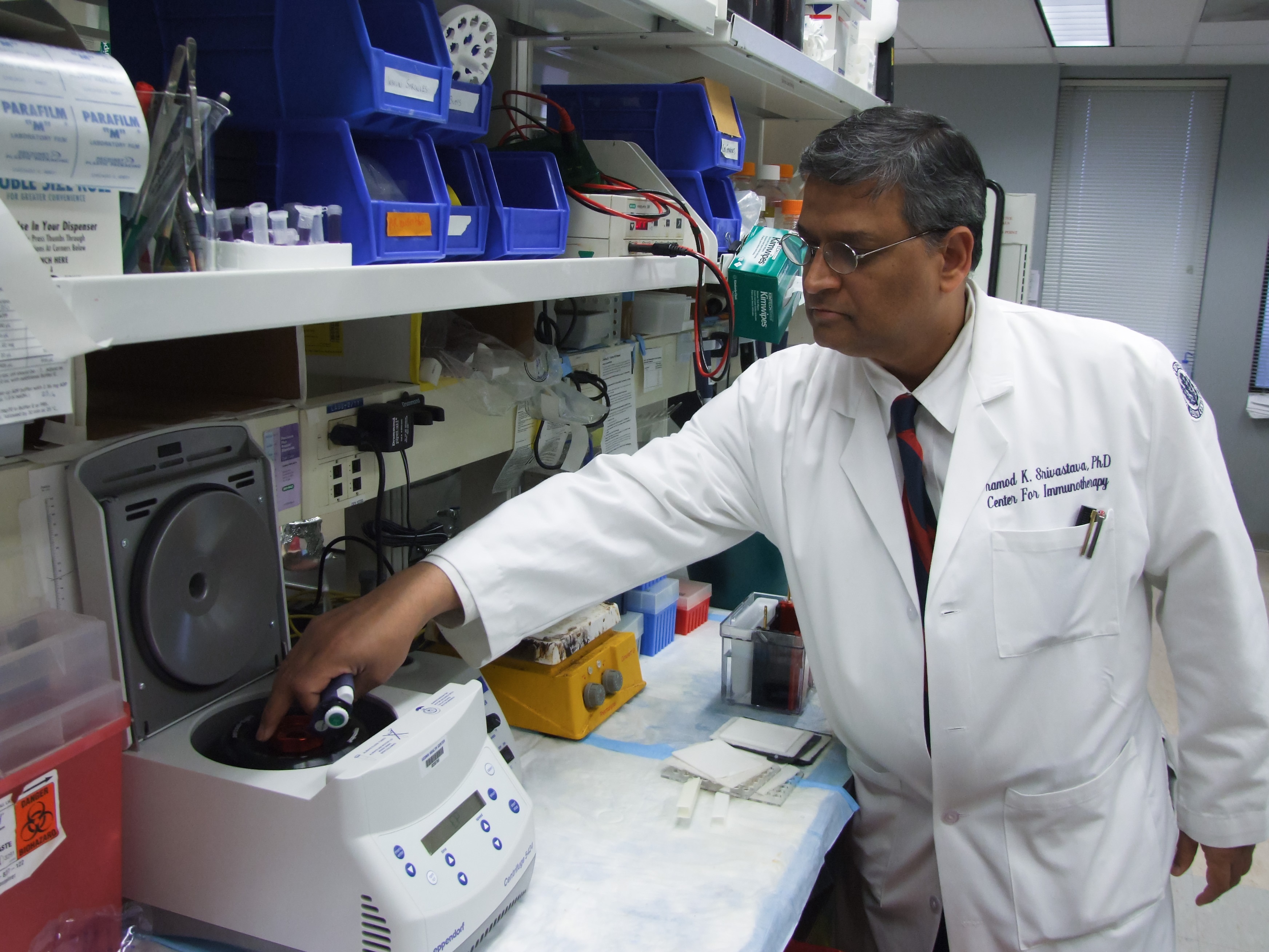 Award-winning physician-scientist Dr. Pramod K. Srivastava, director of the Carole and Ray Neag Comprehensive Cancer Center in his lab at UConn Health is developing a novel immunotherapy vaccine for difficult to treat ovarian cancer