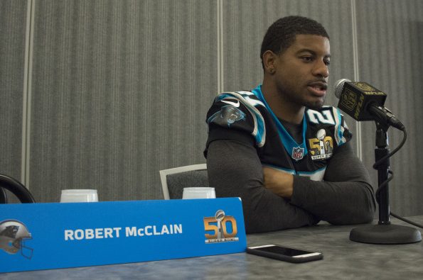 February 3, 2016; San Jose, CA, USA; Carolina Panthers Defensive back and UConn graduate Robert McClain addresses the media during a press conference prior to Super Bowl 50 at San Jose Convention Center. (Kyle Terada-USA TODAY Sports)