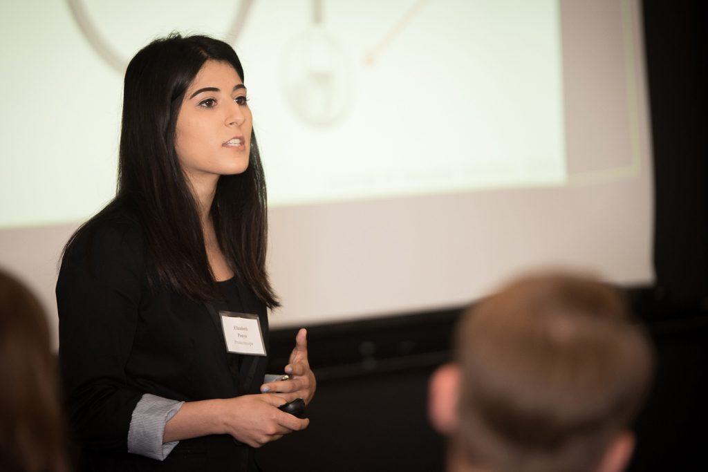 Elizabeth “Liz’’ Pouya, a rising senior majoring in physiology and neurobiology who ultimately hopes to become a physician, presents her idea to prospective investors. (Nathan Oldham/UConn photo)
