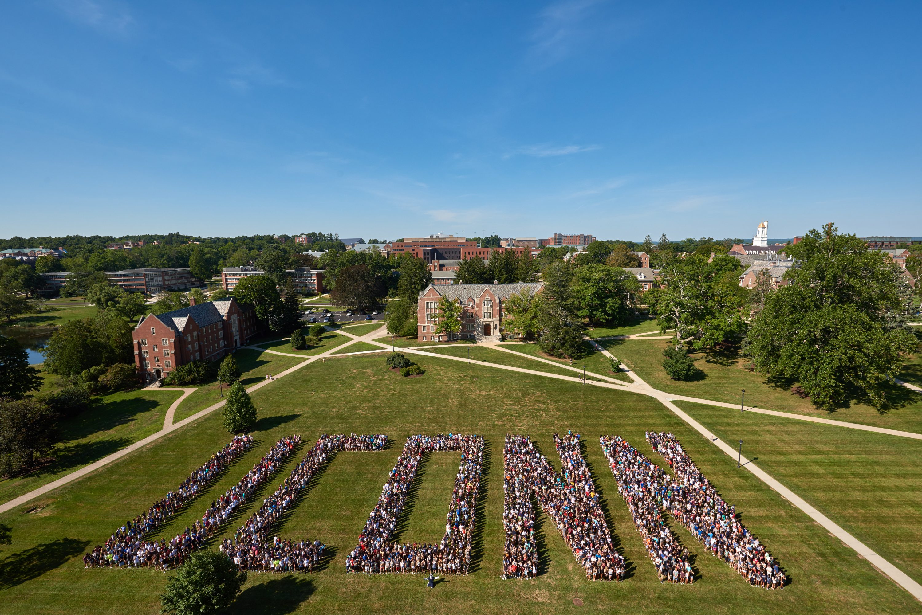 The Class of 2020 spells out UConn on the Great Lawn on Aug. 27, 2016. (Peter Morenus/UConn Photo)