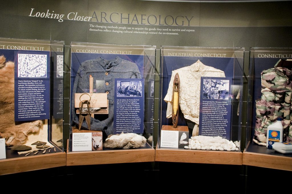 Clothing displayed to show the progressive change from pre-contact to current day Connecticut (in between are colonial and industrial). "Human’s Nature: Looking Closer at the Relationships between People and the Environment" exhibit at the Museum of Natural History.