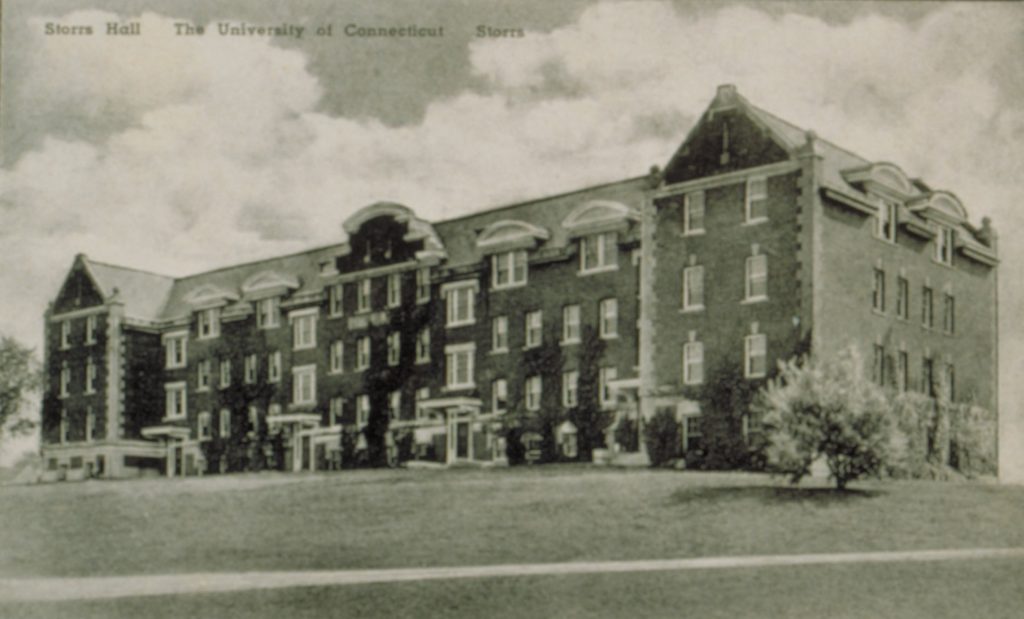 Storrs Hall in the 1940s. The oldest remaining brick building on campus, it was built in 1905 and named for the College's founders. (Archives &amp; Special Collections, UConn Library)