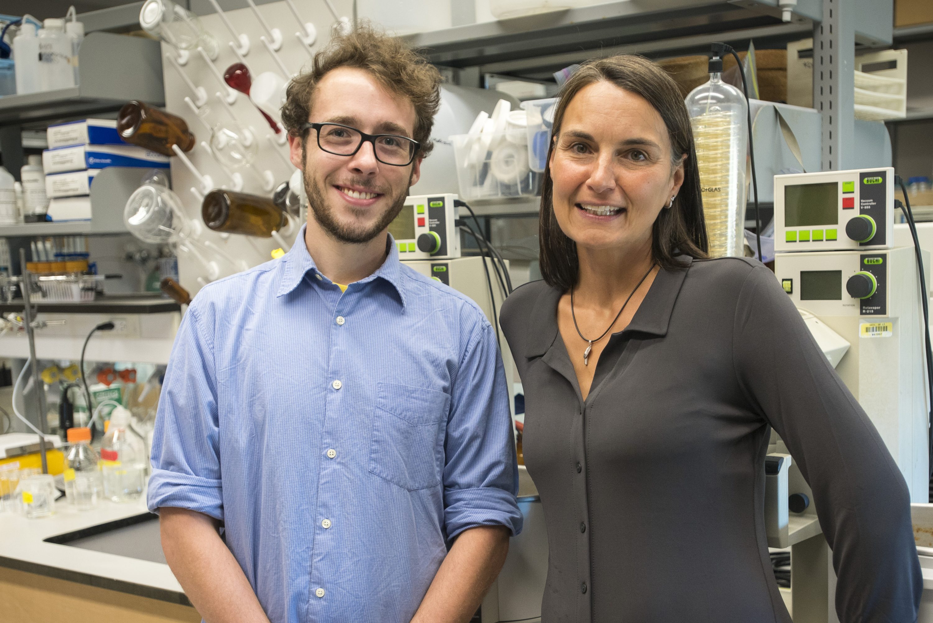 Professor Penny Vlahos, and graduate assistant Joe Warren recipients of a grant from the University’s new National Science Foundation Innovation Corps Site, Accelerate UConn on Aug. 18, 2016. (Sean Flynn/UConn Photo)