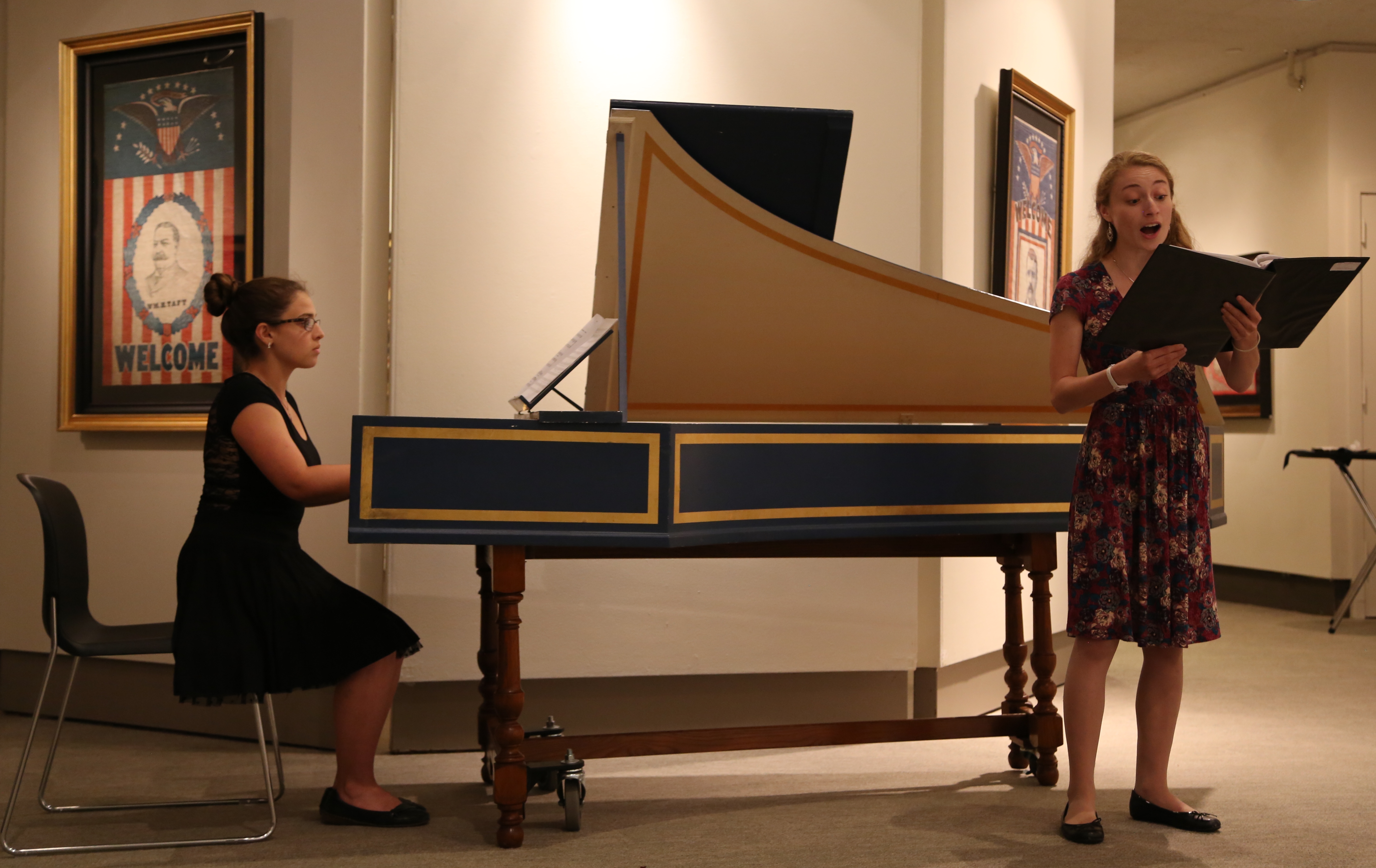 Christine Goss ’18 (SFA), playing the harpsichord, and soprano Sarah Himmelstein ’17 (SFA) are members of UConn’s Collegium Musicum who will perform 'Shakespeare’s Songbook' music from the plays of William Shakespeare at 8 p.m., on Friday, Sept. 23 at the William Benton Museum of Art. (Photo by Matthew Pugliese.)