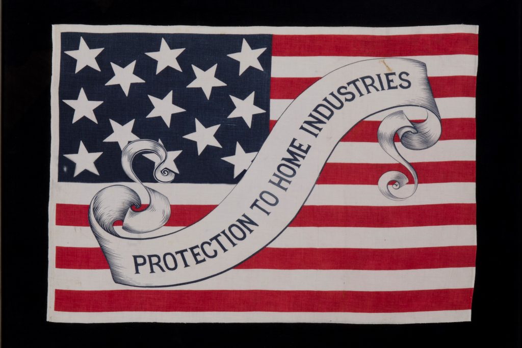 The more than 60 antique campaign flags on exhibit at the Benton convey messages crafted by moneymaking businesses rather than by the presidential candidates themselves. They also feature a variety of stars and stripes, because they date before the country adopted an official flag design.