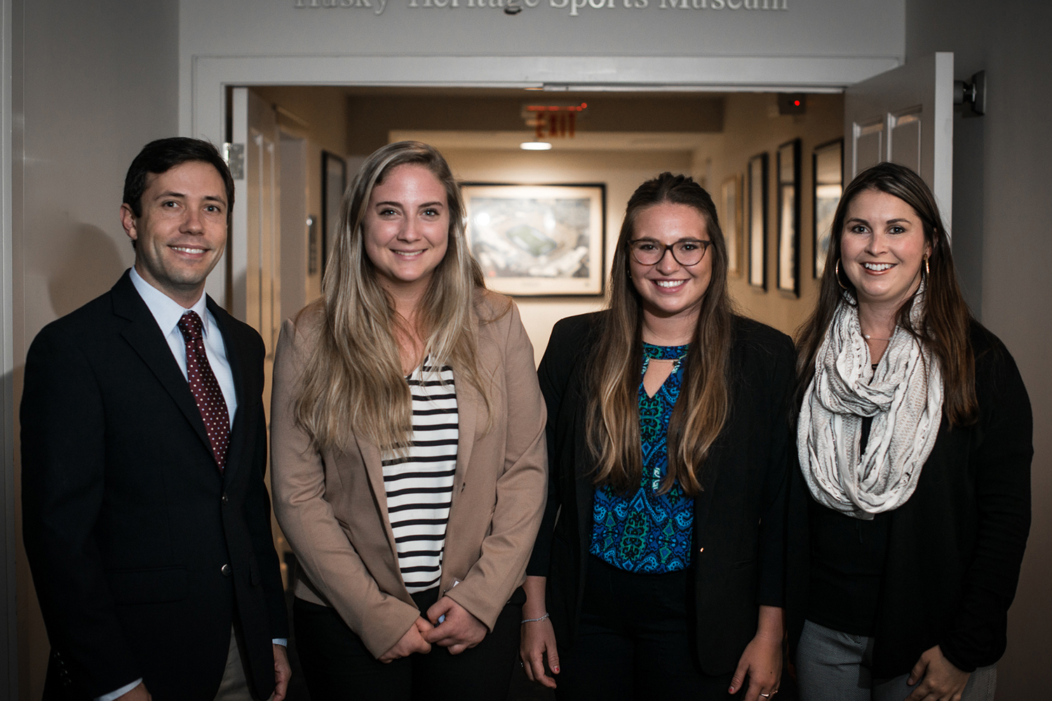 The creators of LambdaVision with two undergraduate student interns who helped represent the company during the CCEI fellowship and again at the Wolff competition. From left, Dr. Jordan Greco '10 (CLAS), '15 Ph.D., Molly Zgoda '17 (CLAS), Audrey Gallo '17 (CLAS), and Dr. Nicole Wagner '07 (CLAS), '13 Ph.D. (Nathan Oldham/UConn photo)