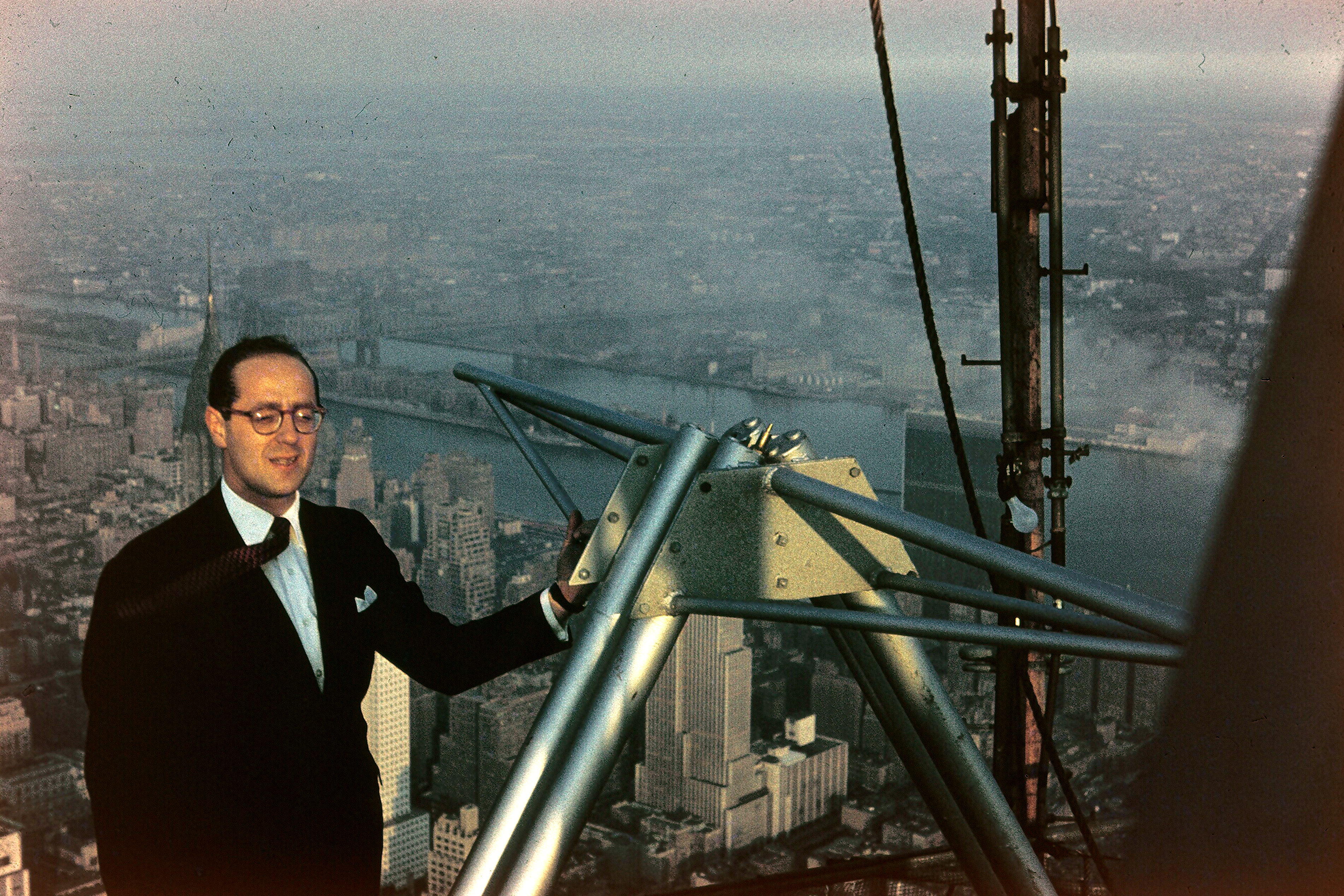 Joe Stern ’44 (ENG) atop the Empire State Building, standing next to the transmitter he helped design. Joe credited UConn with providing him the tools to have a successful career in telecommunications. (Photo courtesy of Linda Jo Stern '77 (CAHNR))
