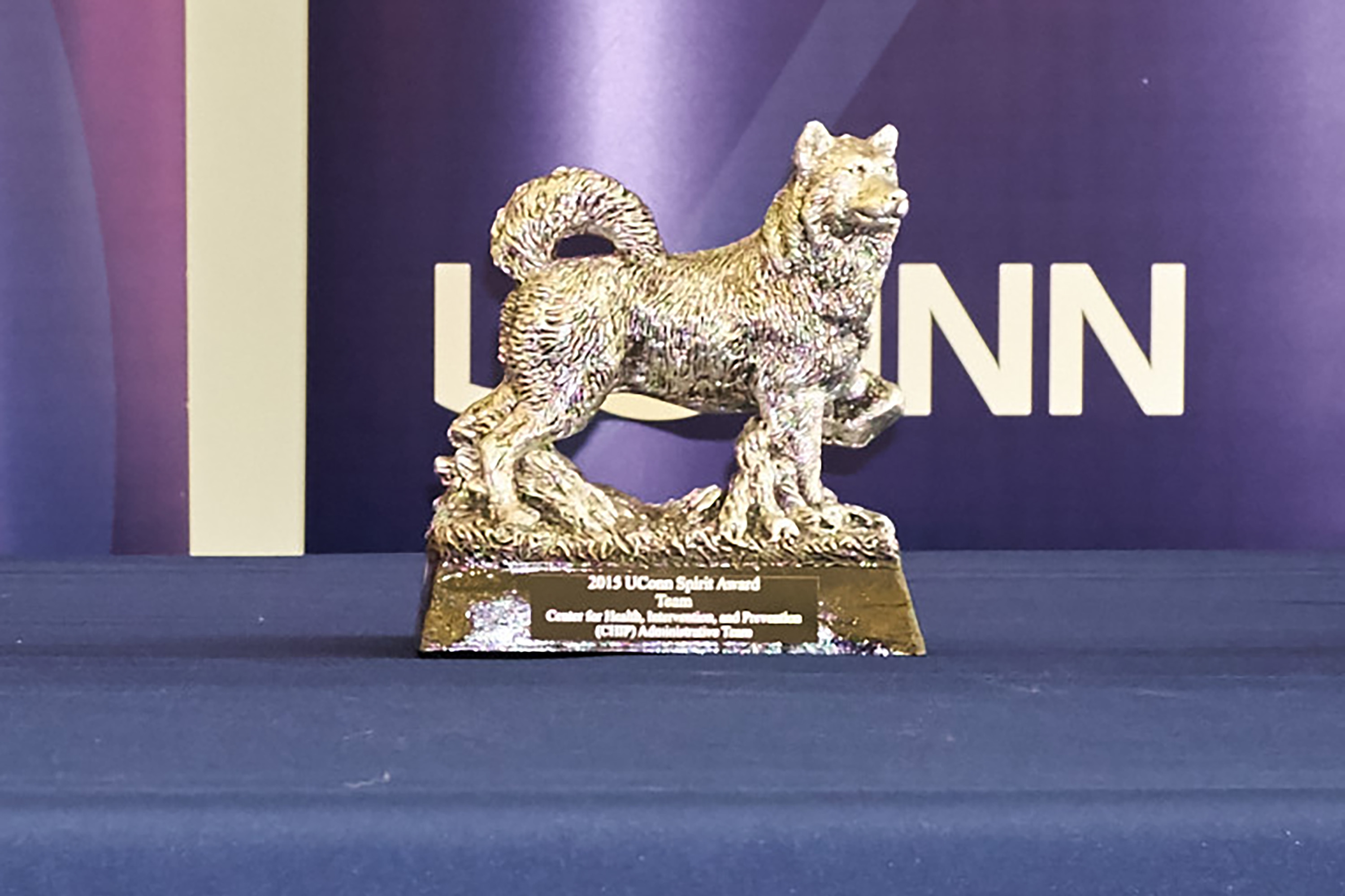 An example of a UConn Spirit Award, a replica of the Husky dog, from 2015. (Peter Morenus/UConn Photo)