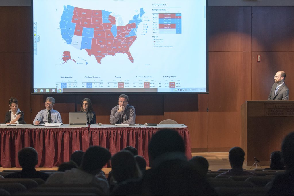 A panel of political science and public policy faculty discuss the results of Election 2016. Panelists are: from left, Evelyn Simien, Paul Herrnson, Jennifer Dineen, and Sam Best. The moderator was Thomas Hayes. (Sean Flynn/UConn Photo)
