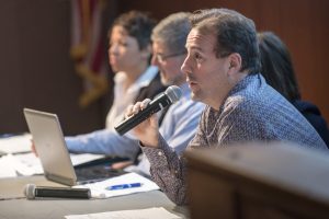 A panel of political science and public policy faculty discuss the results of Election 2016. Panelists are: from left, Evelyn Simien, Paul Herrnson, Jennifer Dineen, and Sam Best. The moderator was Thomas Hayes. (Sean Flynn/UConn Photo)