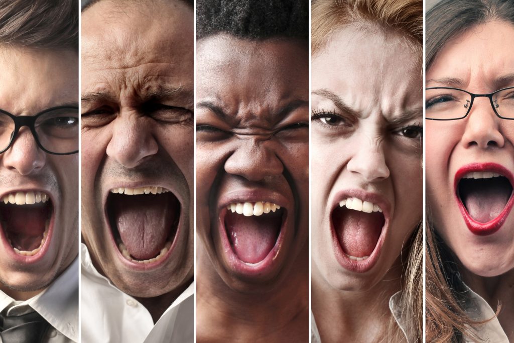 Collage of seven people screaming from close. (bowie15/Getty Images)