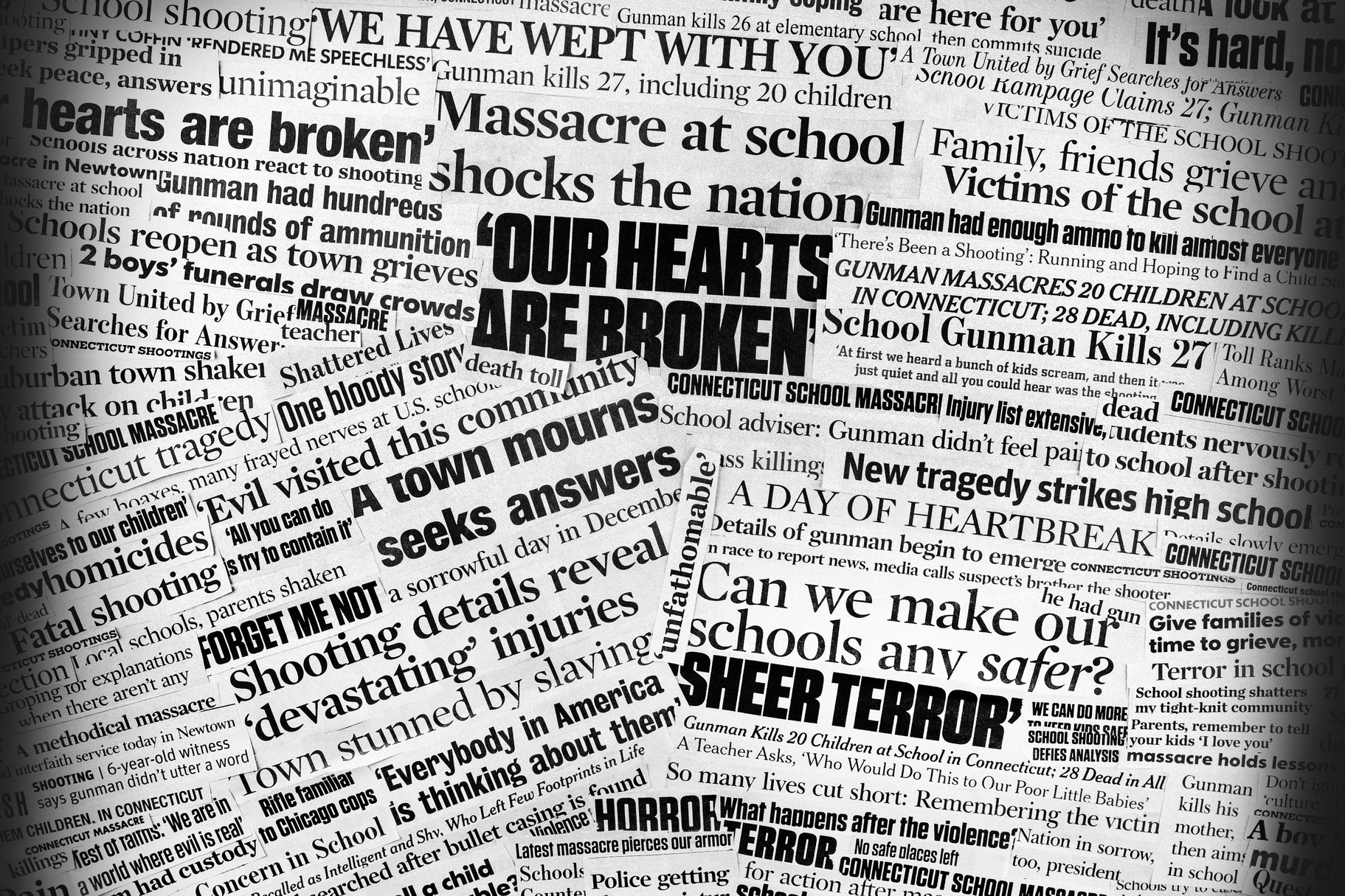 A collage made up of newspaper clippings pertaining to the December 2012 school shooting massacre in Newtown, Conn. (Allkindza/Getty Images)