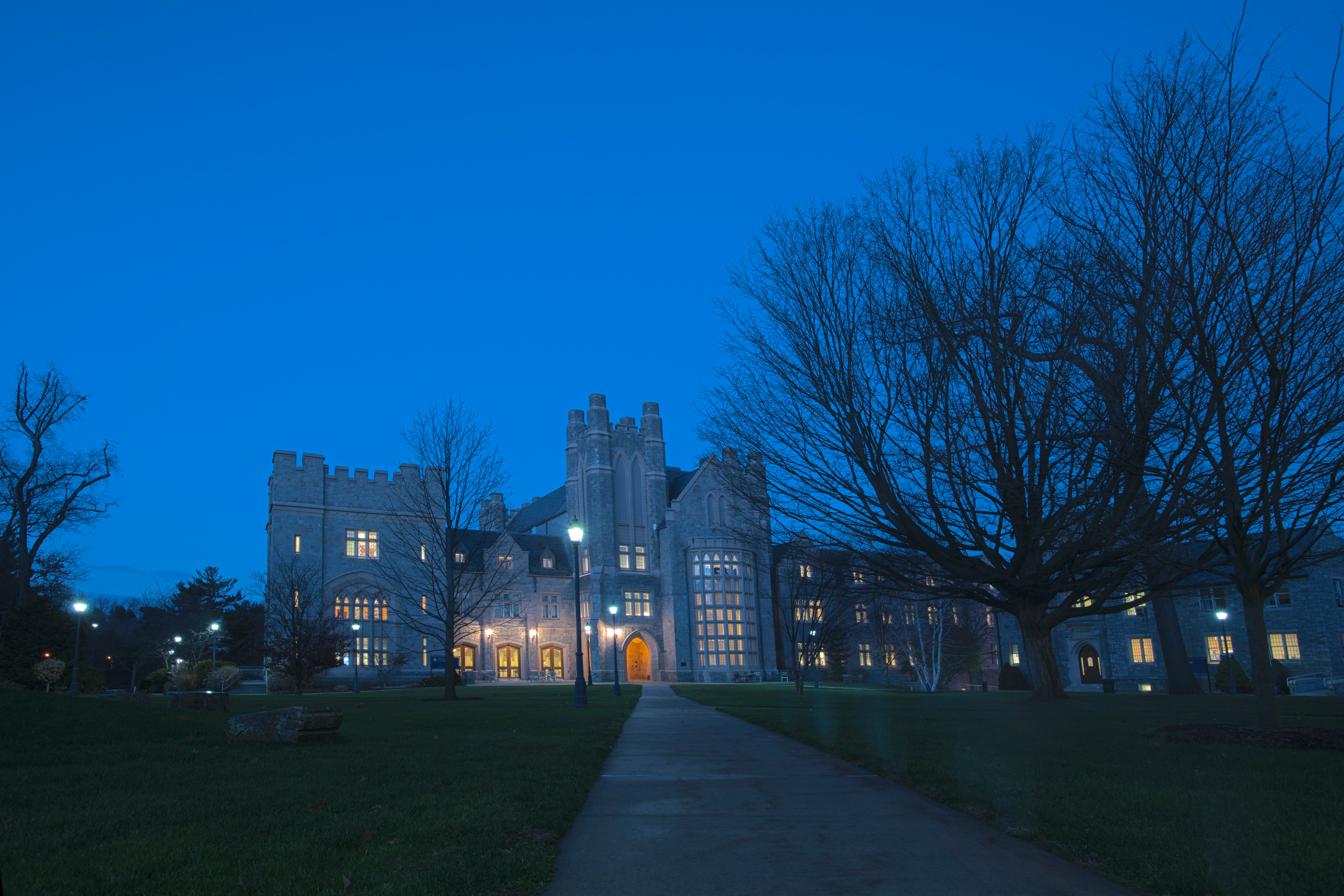 UConn Law School at night. (Sean Flynn/UConn Photo)