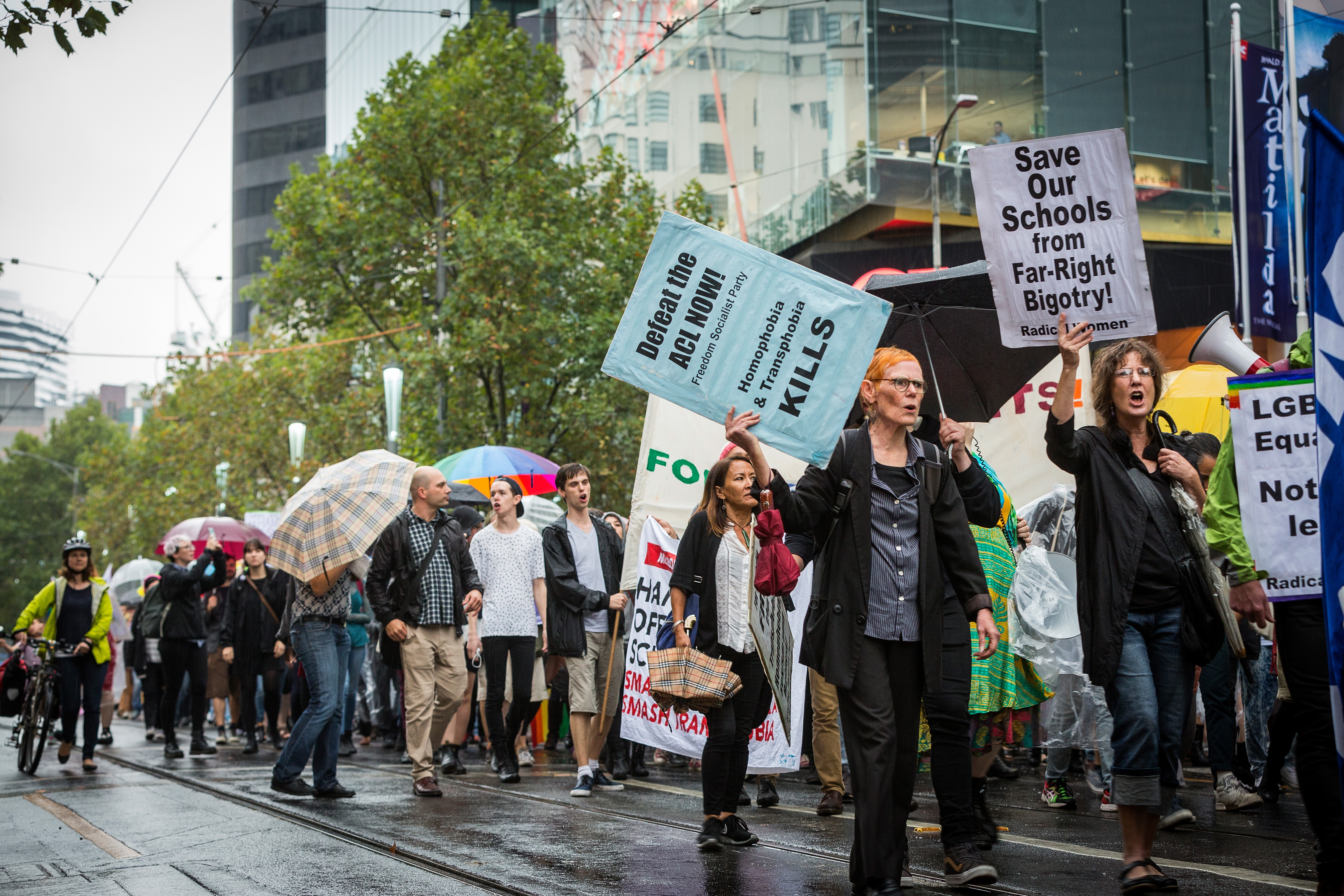 rotesters attend the Hands Off Safe Schools Rally on Swanston Street on March 10, 2016 in Melbourne, Australia. The Hands Off Safe School has been designed as a resource for teachers and students to assist with issues of homophobia and bullying. (Photo by Chris Hopkins/Getty Images)