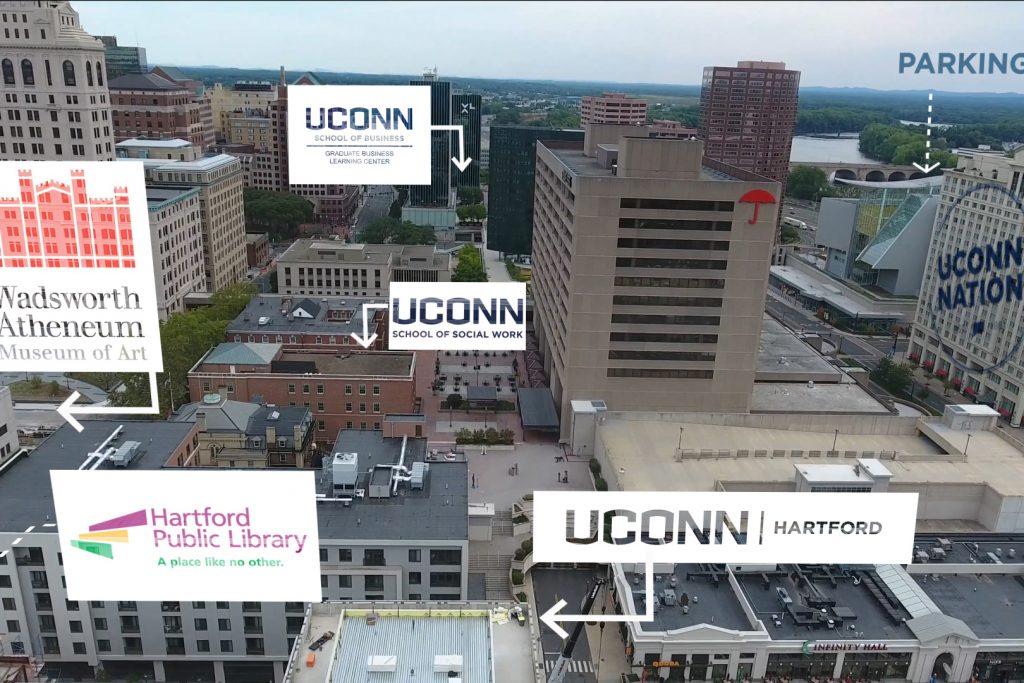 A bird's eye view of Hartford, showing the site of the new Downtown Campus in relation to other resources in the city. (Elizabeth Caron/UConn Photo)