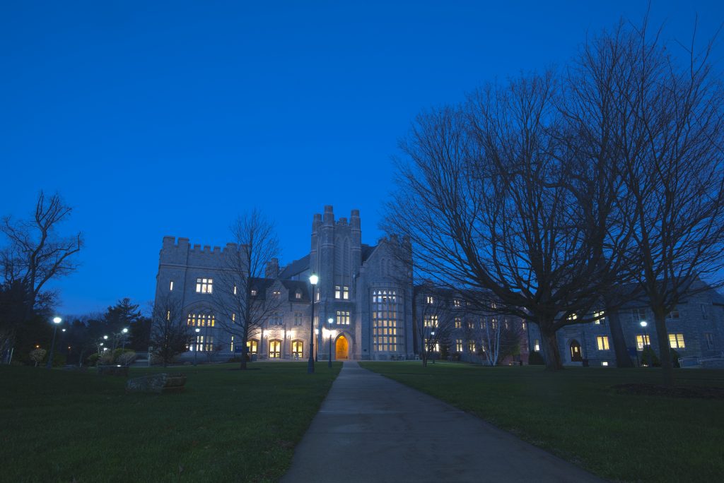 Night photo at the UConn School of Law. (Sean Flynn/UConn Photo)