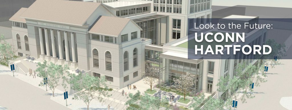 Hartford campus rendering, Look to the Future: UConn Hartford. (Rendering by HB Nitkin Group, Ramba, Robert A.M. Stern Architects LLP)