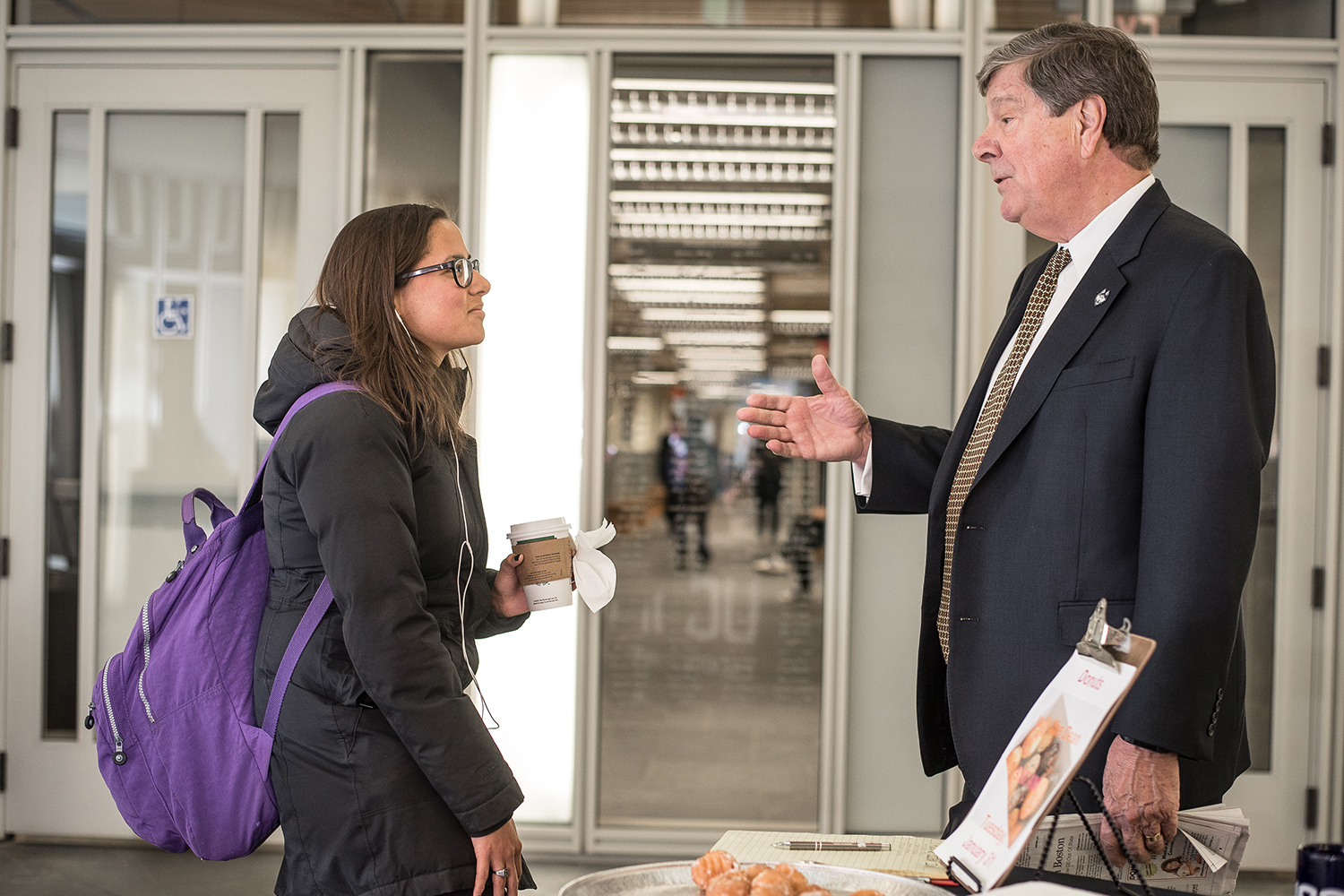 Students stopped for a meet and greet with UConn Business School Dean John Elliott on Tuesday morning. (Nathan Oldham/UConn photo)