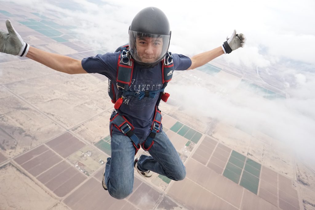 Check out UConn’s Skydiving Team as they free fall and descend with open parachutes at Skydive Arizona during the recent USPA National Collegiate Parachuting Championships. (Courtesy of the UConn Skydiving Team)