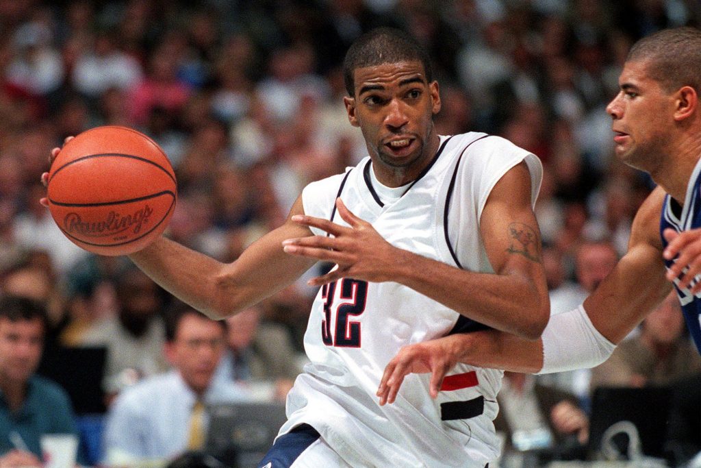 Rip Hamilton's No. 32 has been retired and raised to the rafters by the Detroit Pistons. He is the first UConn men's basketball alum to be so honored by an NBA team. (Athletic Communications File Photo)