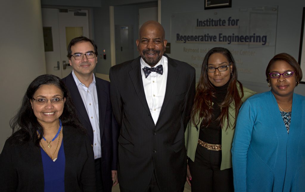 Under the leadership of Dr. Cato T. Laurencin UConn is joining ARMI to speed human limb growth and share its advanced technologies. In Photo with Laurencin are Dr. Lakshmi Nair, Dr. Yusuf Khan, Dr. Linda Barry and Trisha Pitter (McCarthy/UConn Foundation).