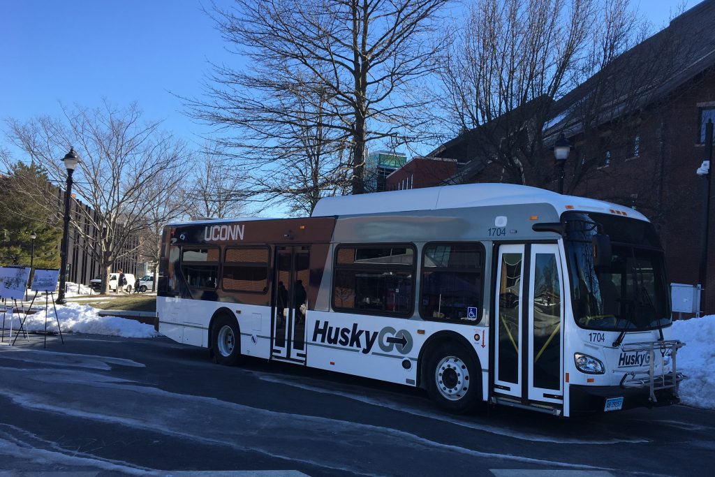 UConn is rolling out 10 new buses, complete with USB ports, bike racks, and other updated features. (Sean Flynn/UConn Photo)