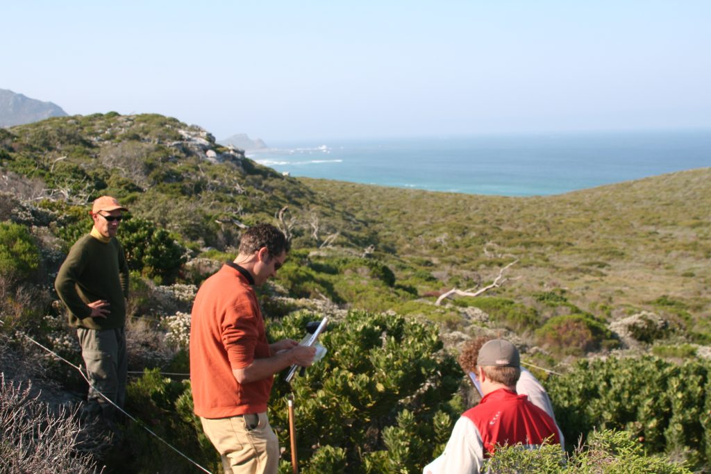 Researchers Ross Turner, Adam Wilson, Cory Merow (l to r) conducting field work at the Cape of Good Hope in South Africa. Stuart Hall also pictured.