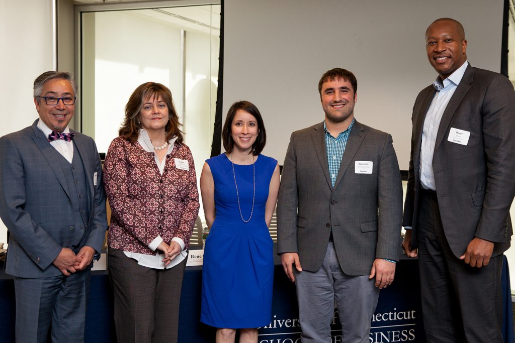 The April 10 Net Impact program, titled, "Careers for the Common Good: The Value of Sustainability in Business" featured panelists Rene O. Deida, Susan Rochford, Sara Bronin, Benjamin Simmons-Telep, and Daryl Shore. (Zack Wussow)