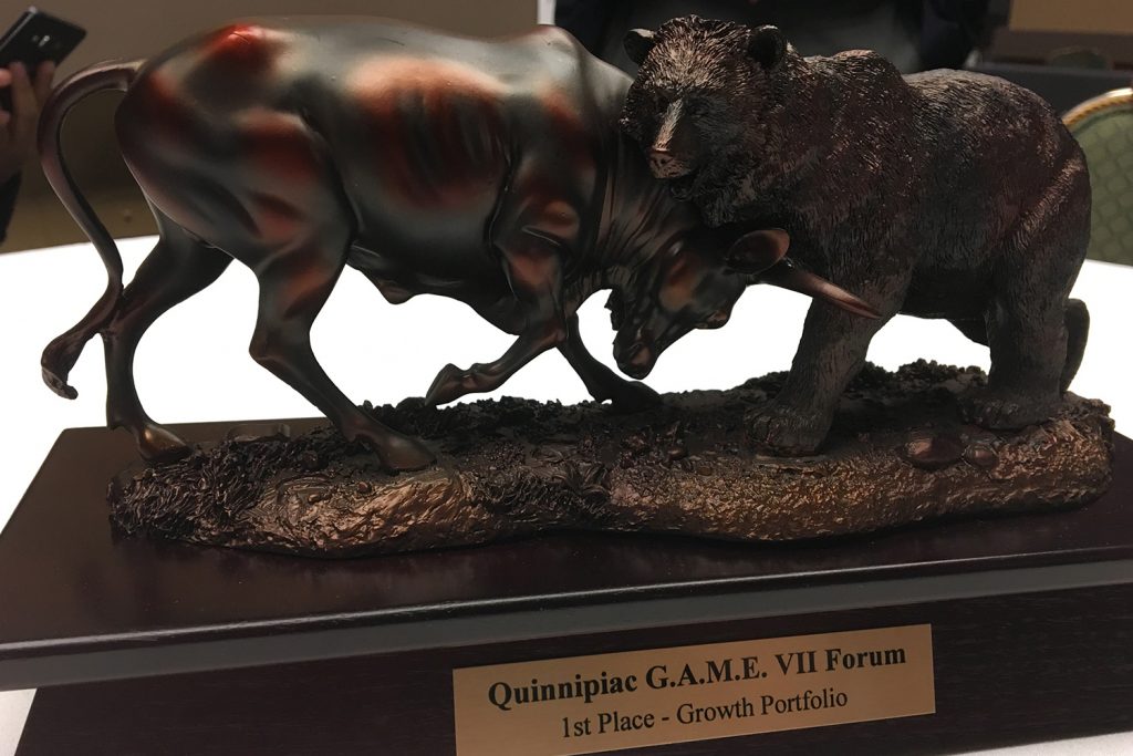 The UConn team took first place in the Quinnipac G.A.M.E.—Global Asset Management Education—VII Forum. (Pei-ju Lee)