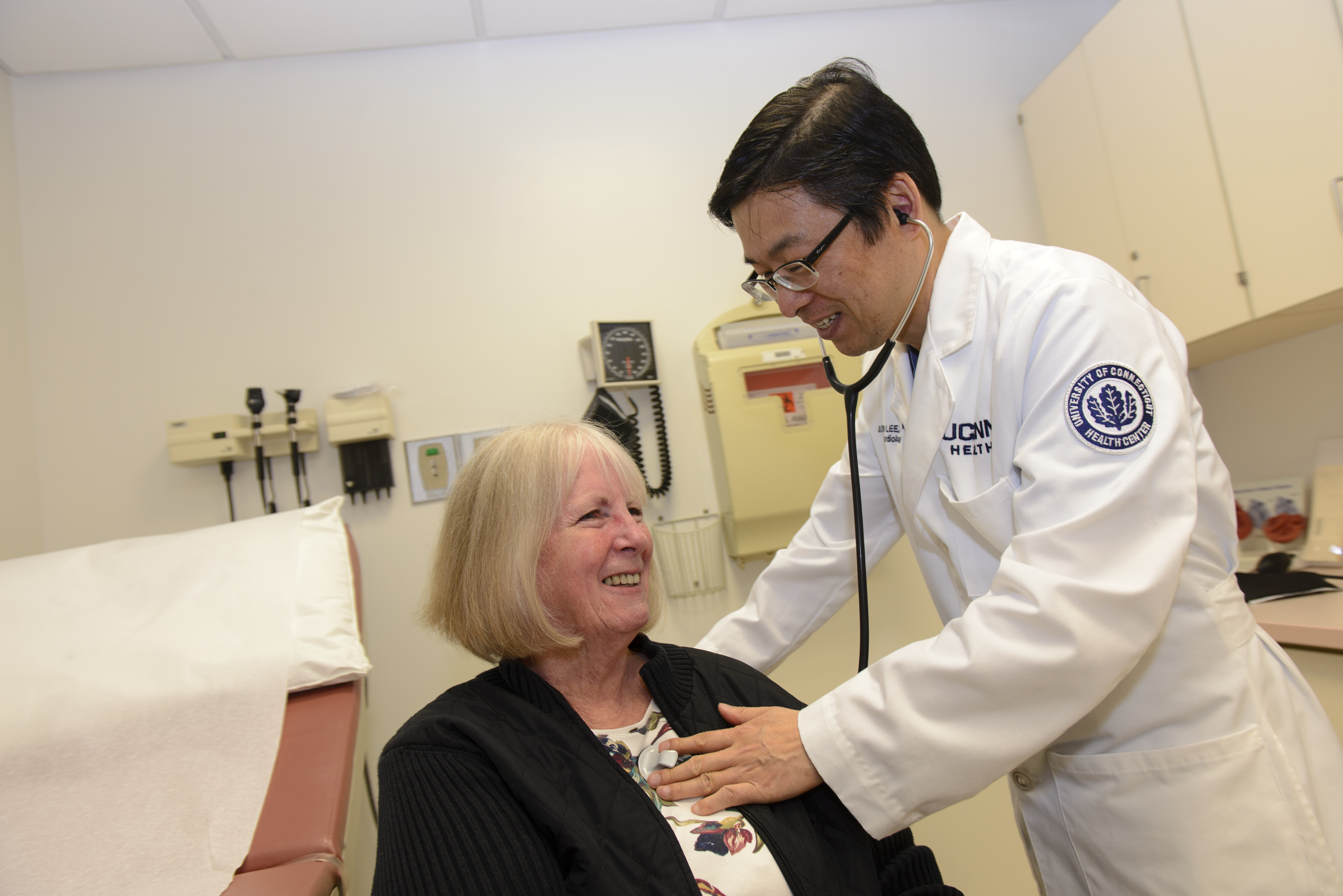 After her Fitbit alerted her to serious heart trouble, 73-year-old Patricia Lauder was successfully treated at UConn Health's Calhoun Cardiology Center by cardiologist Dr. JuYong Lee. (Janine Gelineau/UConn Health Photo)