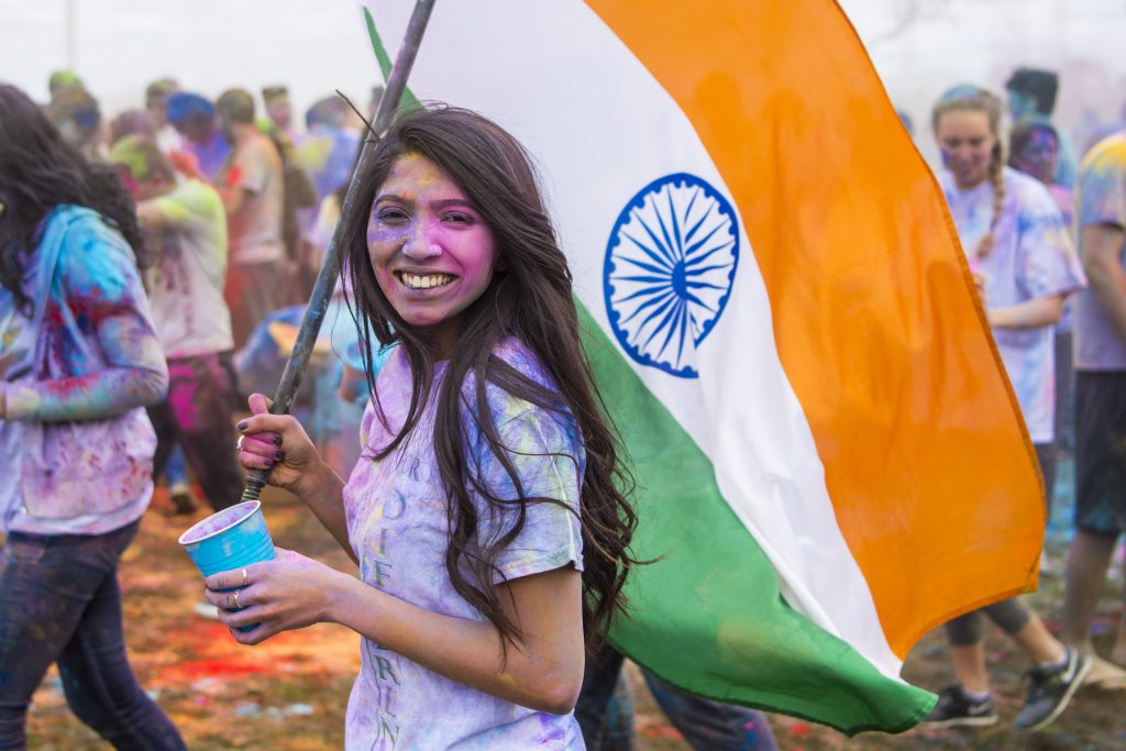 Students celebrate Holi, the Hindu festival of colors, on the CLAS Quad on April 8, 2017. (Ryan Glista/UConn Photo)