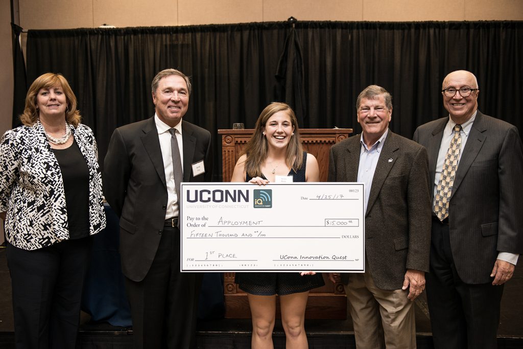 From left: Management Department Head Lucy Gilson, Alumnus Keith Fox '80, Apployment team member Jaclyn Paride, School of Business Dean John Elliott, and Management Professor Rich Dino (Nathan Oldham/UConn photo)