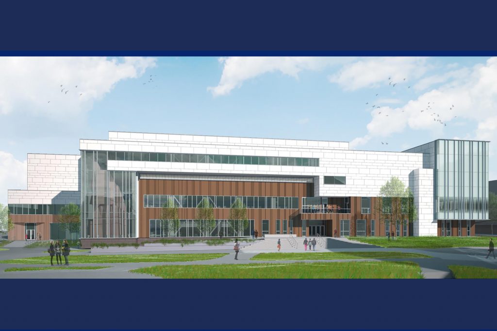 Architectural rendering of the view of the Recreation Center from Business School Quad.