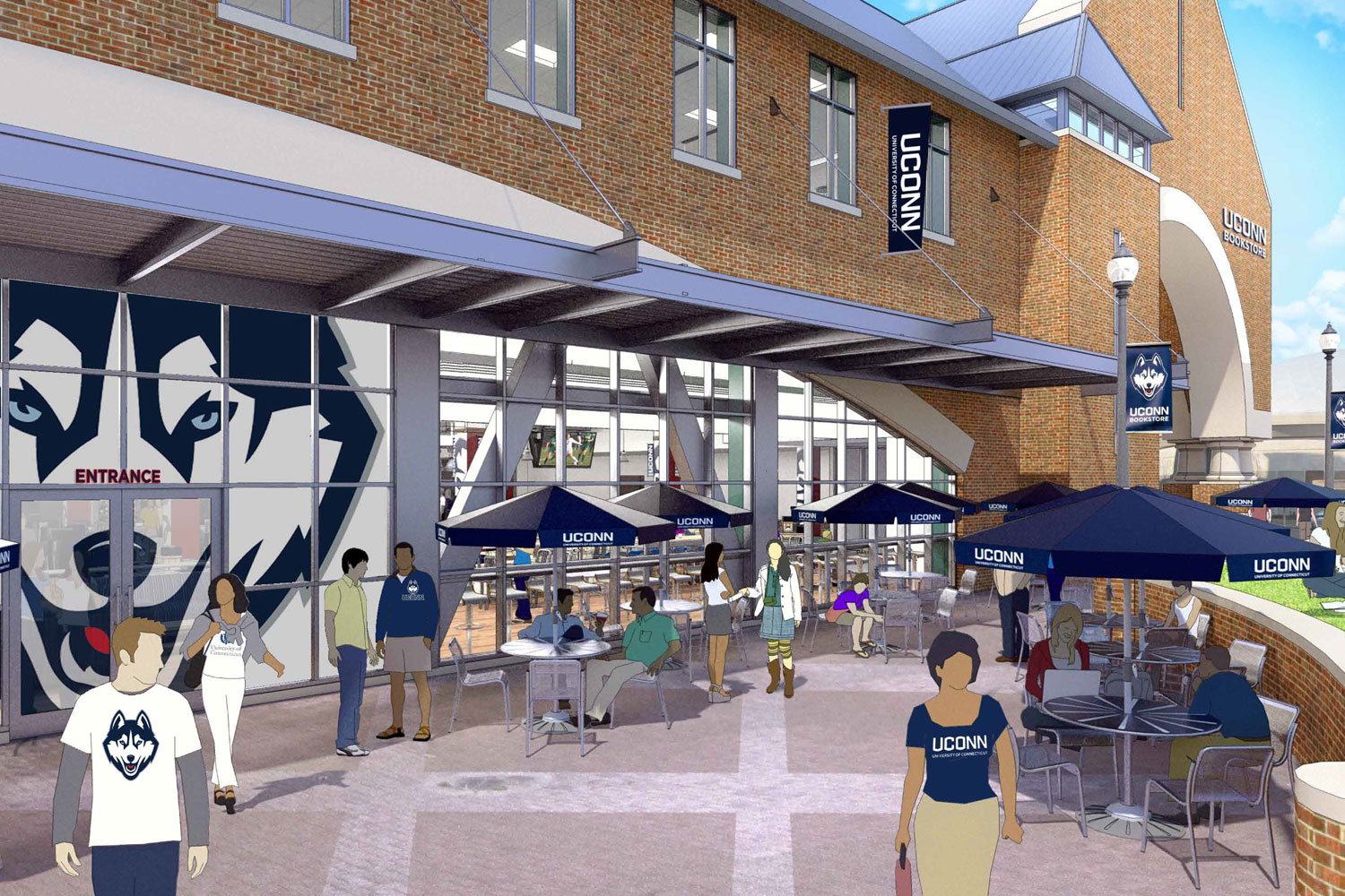 An artist's rendering of outdoor space outside the renovated UConn Bookstore on Hillside Road. (Rendering by Barnes & Noble College)