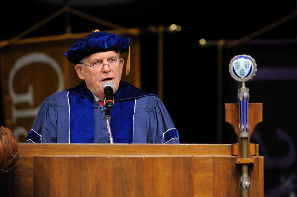 After eight years serving as chair of UConn's Board of Trustees during a period of growth and success, Larry McHugh will step down at the end of his current term. He will continue to serve, however, until Gov. Malloy nominates a successor. In this file photo, McHugh speaks at the inauguration ceremony for President Susan Herbst in September 2011. (Peter Morenus/UConn Photo)
