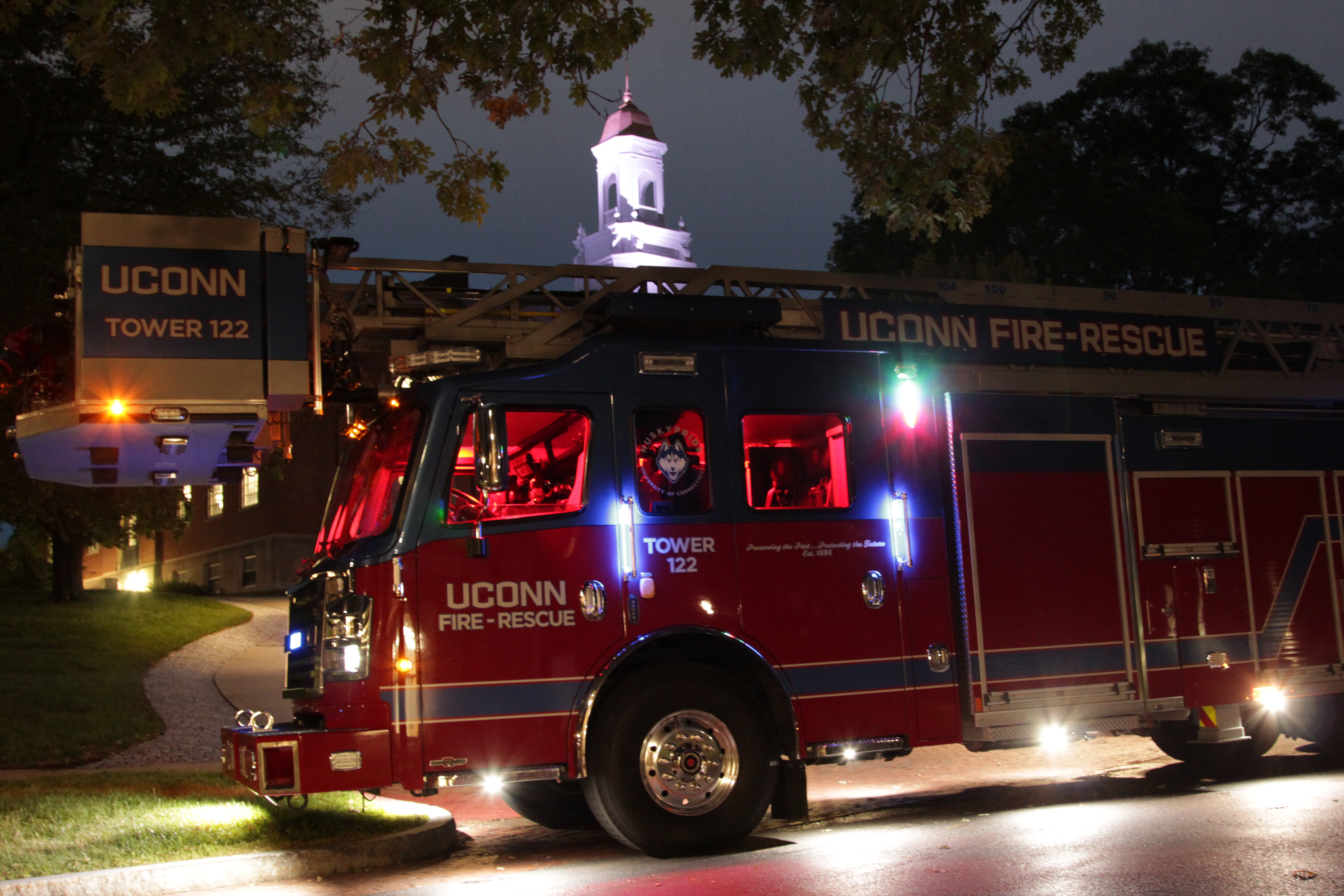 The University recently purchased a new fire tower truck that will enable firefighters to access even the top floor of the highest residence halls. (Rob Babcock/UConn Photo)