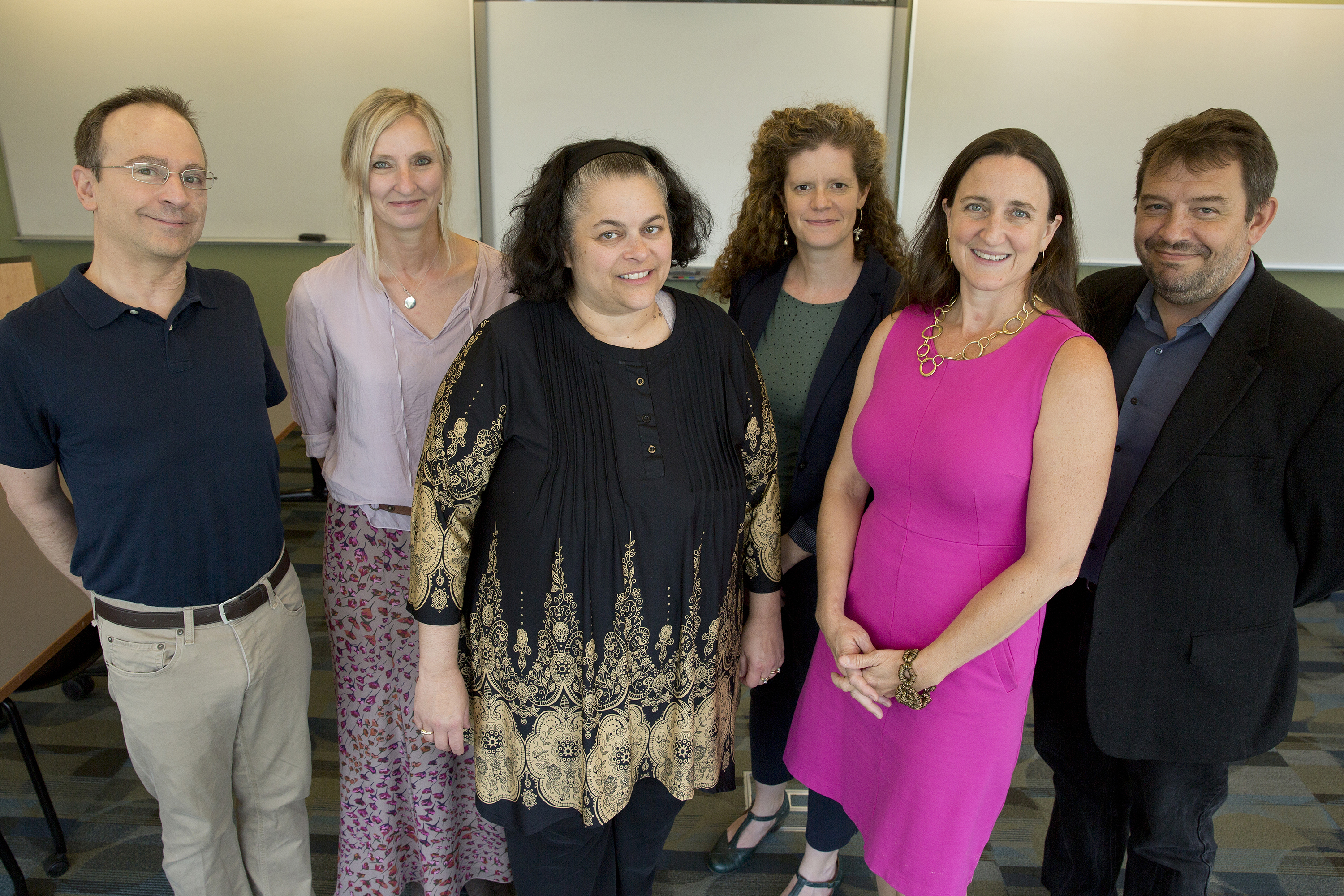 From left, professor of linguistics William Snyder; professor of psychological sciences R. Holly Fitch; professor of educational psychology Betsy McCoach; associate professor of speech, language, and hearing sciences Emily Myers; associate professor of psychological sciences Inge-Marie Eigsti; and professor of psychological sciences James Magnuson. (Bri Diaz/UConn Photo)