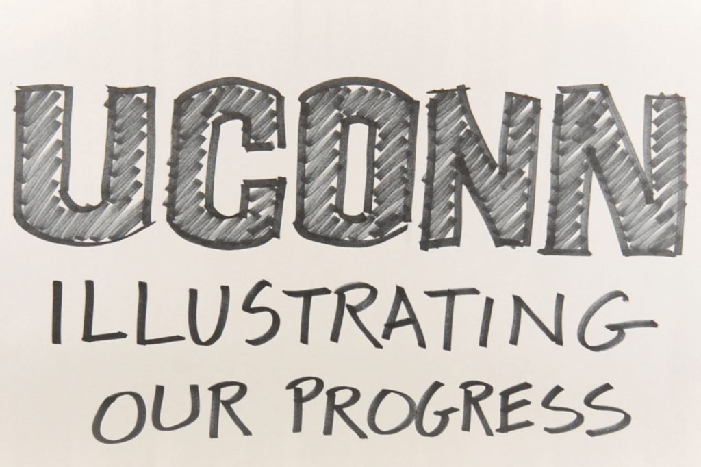 Image with the words, Illustrating UConn's progress..