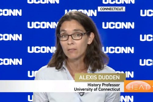 Alexis Dudden, professor of history, discusses the political situation in Japan in UConn's Video Link studio. University Communications recently launched an experts database to help connect media to UConn experts in their fields. (Bret Eckhardt/UConn Photo)