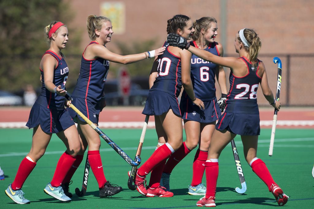 The Huskies celebrate after an 8-0 win against Massachusetts on Oct. 1. There was more to celebrate last Saturday, when the UConn team was crowned Big East Regular Season Champions for the 17th time in program history, after defeating Georgetown 10-0 at the Sherman Family Complex. (Stephen Slade '89 (SFA) for UConn)